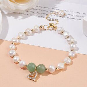 Natural Green Aventurine & Pearl Beaded Bracelet W CZ Heart Charm NEW Handmade